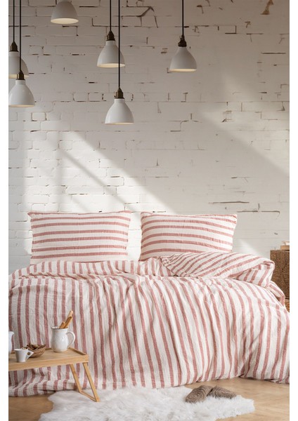 Müslin %100 Pamuklu Çift Kişilik Yıkamalı Nevresim Takımı Ütü Istemeyen Pudra Pembe Çizgili fiyatları