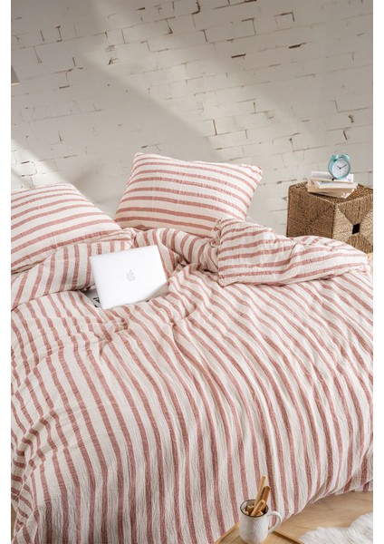 Müslin %100 Pamuklu Çift Kişilik Yıkamalı Nevresim Takımı Ütü Istemeyen Pudra Pembe Çizgili modelleri