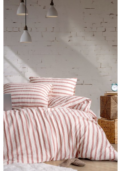 Müslin %100 Pamuklu Çift Kişilik Yıkamalı Nevresim Takımı Ütü Istemeyen Pudra Pembe Çizgili fırsatları