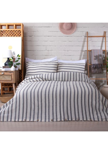 Müslin %100 Pamuklu Çift Kişilik Yıkamalı Nevresim Takımı Ütü Istemeyen Gri Çizgili