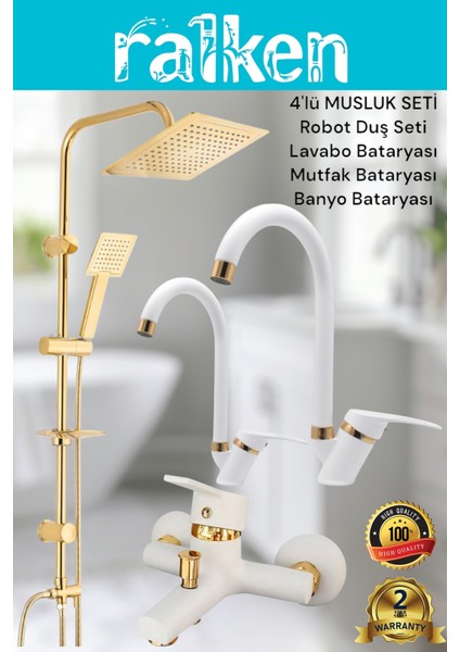 Lüx Beyaz Gold 4’lü Banyo Seti Altın Robot Tepe Duş, Banyo, Lavabo, Eviye Mutfak Bataryası Musluğu