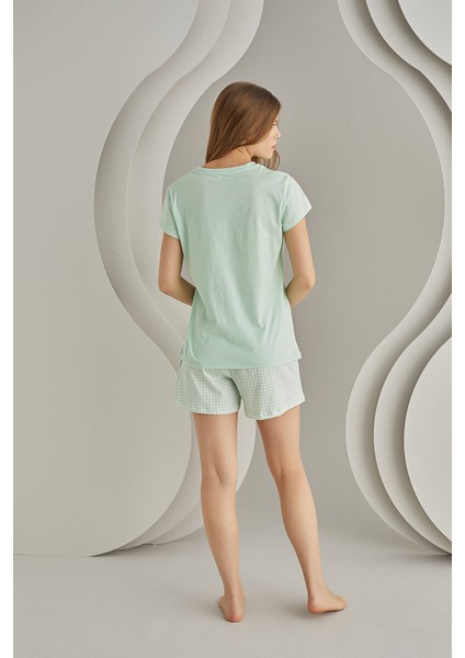Nbb %100 Pamuklu Baskılı Kısa Kollu Yazlık Kadın Pijama Takımı Yeşil