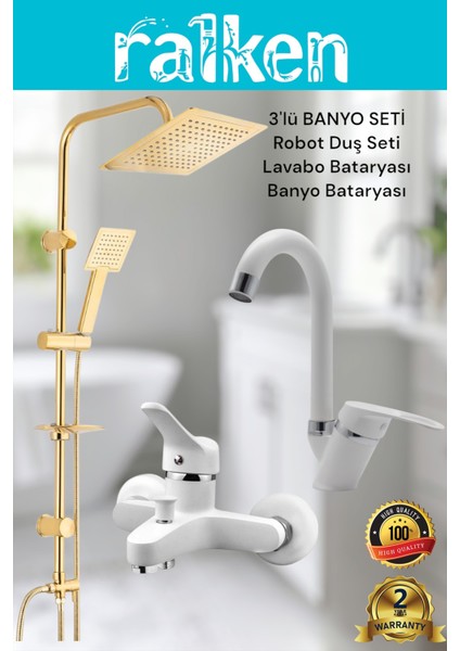 Lüx Beyaz Kare 3’lü Banyo Seti Altın Robot Tepe Duş, Banyo, Lavabo Bataryası Musluk Takımı