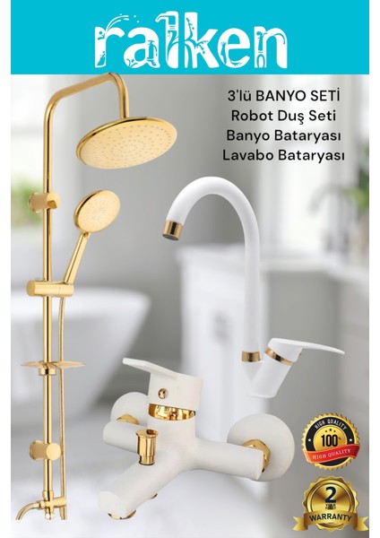 Lüx Beyaz Gold Yuvarlak 3’lü Banyo Seti Altın Robot Tepe Duş, Banyo, Lavabo Bataryası Musluk Takımı