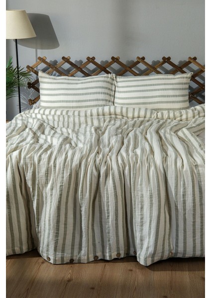 Müslin %100 Pamuklu Çift Kişilik Yıkamalı Nevresim Takımı Ütü Istemeyen Yeşil Çizgili modelleri