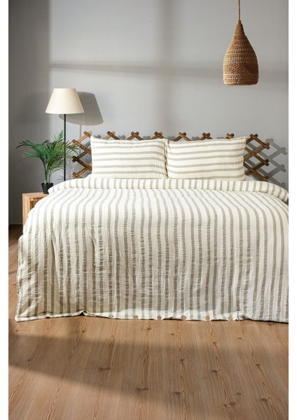 Müslin %100 Pamuklu Çift Kişilik Yıkamalı Nevresim Takımı Ütü Istemeyen Yeşil Çizgili fırsatları