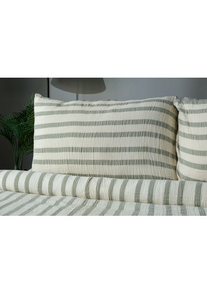 Müslin %100 Pamuklu Çift Kişilik Yıkamalı Nevresim Takımı Ütü Istemeyen Yeşil Çizgili indirimleri