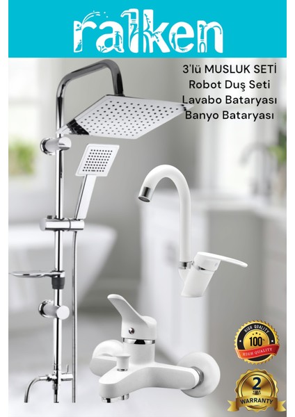 Lüx Beyaz 3’lü Banyo Musluk Seti Robot Tepe Duş, Banyo, Lavabo Bataryası Musluğu Banyo Seti