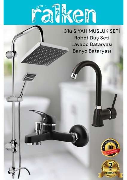 Lüx Siyah 3’lü Banyo Musluk Seti Robot Tepe Duş, Banyo, Lavabo Bataryası Musluğu Banyo Seti