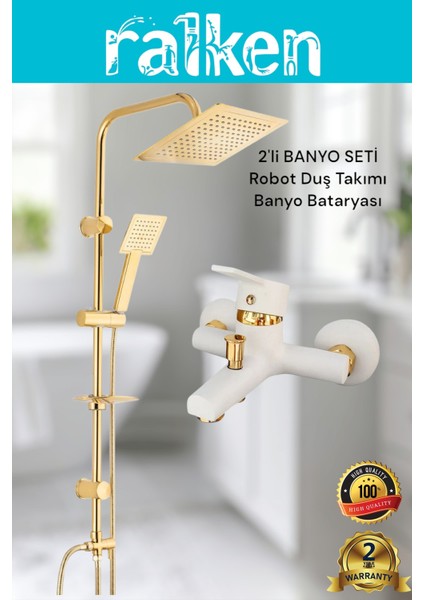 Lüx Beyaz Gold Kare 2’li Banyo Duş Seti Robot Tepe Duş ve Banyo Duş Bataryası Banyo Takımı