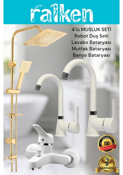 Lüx Kalın Gövde 4’lü Banyo Musluk Seti Altın Robot Tepe Duş, Banyo, Lavabo, Eviye Mutfak Bataryası
