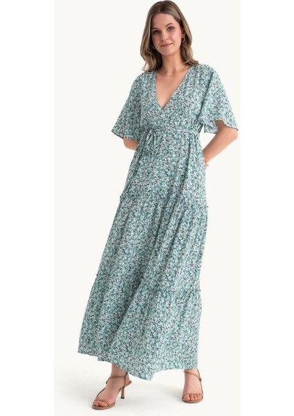 Kadın Çiçek Desenli V Yaka Kollu Bağcıklı Maxi Elbise Green