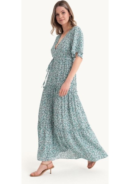 Kadın Çiçek Desenli V Yaka Kollu Bağcıklı Maxi Elbise Green modelleri