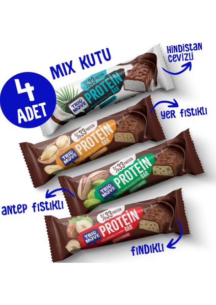 Çikolata Kaplamalı Protein Bar 4'lü Karışık Tanışma Paketi 50 gr X4 Adet (Paket 5)