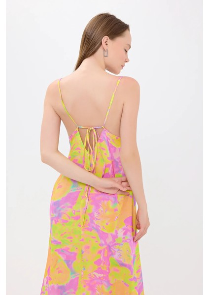 Kadın Çiçekli V Yaka İnce Askılı Maxi Elbise Pink modelleri