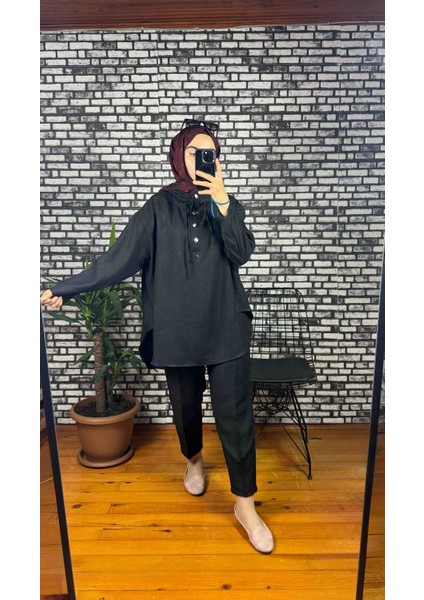 Kapişonlu Keten Takım