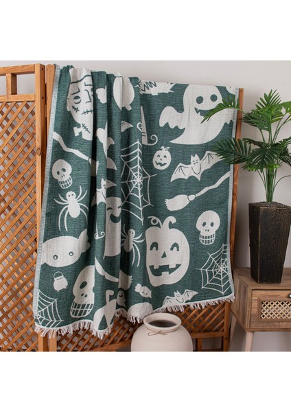 4 Kat Müslin Pike Tek Kişilik %100 Pamuklu Jakarlı Yatak Örtüsü Tv Battaniyesi 140X200 Halloween