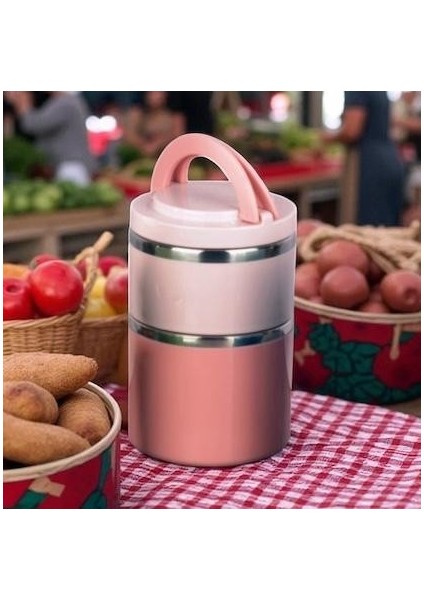 Kulplu Çelik Sefer Tası - Yemek Termosu Saklama Kabı 2 Katlı Pembe 930 Ml.