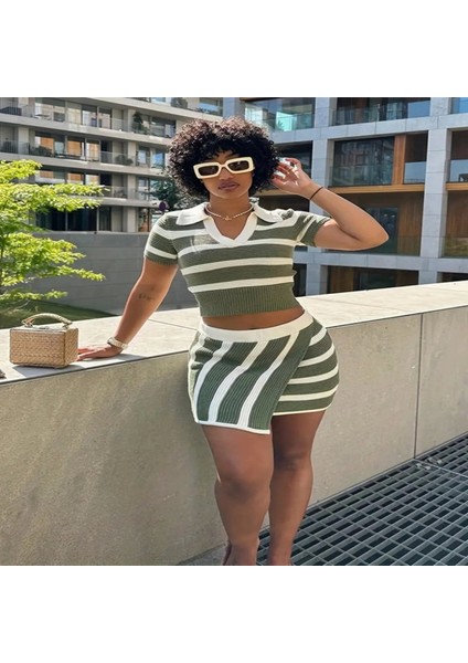 Kadın Kısa Kollu Polo Yaka Crop Asimetrik Mini Triko Etek Ikili Takım