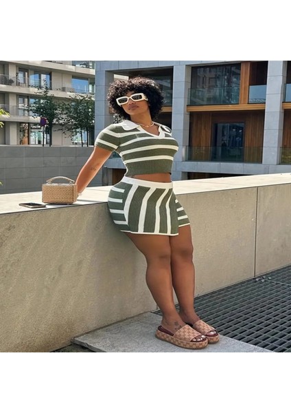 Kadın Kısa Kollu Polo Yaka Crop Asimetrik Mini Triko Etek Ikili Takım fırsatları