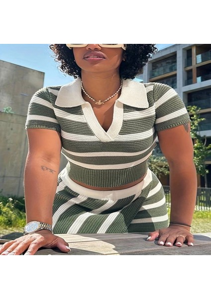 Kadın Kısa Kollu Polo Yaka Crop Asimetrik Mini Triko Etek Ikili Takım indirimleri