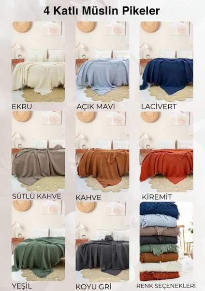 4 Kat Müslin %100 Pamuklu Çift Kişilik Pike Yatak Örtüsü 200X220