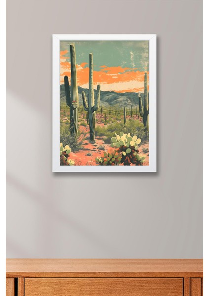Saguaro Kaktüsü ve Çöl Bitkileri Çerçeveli Tablo - Pop Art Poster Tablo fiyatları