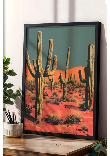 Saguaro Kaktüsü ve Çöl Bitkileri Çerçeveli Tablo - Pop Art Poster Tablo