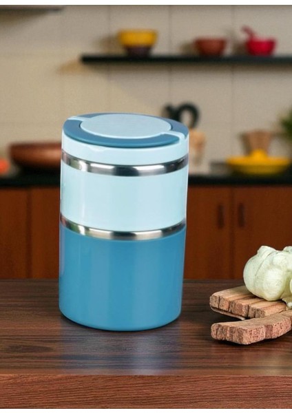 Kulplu Çelik Sefer Tası - Yemek Termosu Saklama Kabı 2 Katlı Mavi 930 Ml.