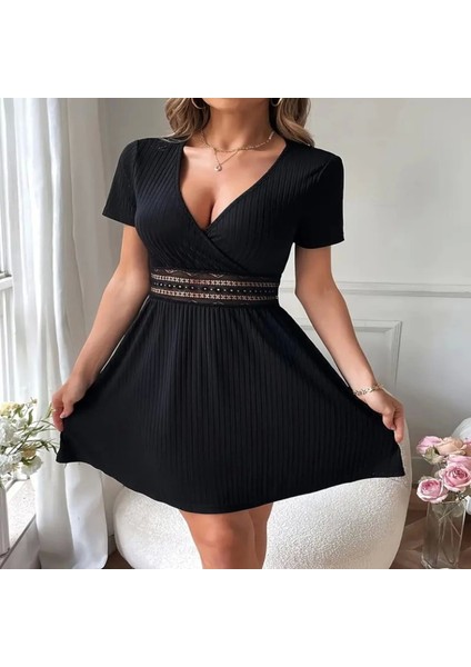 Kadın Kısa Kollu Kruvaze Yakalı Belden Dantelli Kaşkorse Elbise