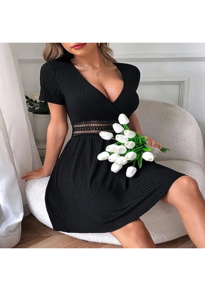 Kadın Kısa Kollu Kruvaze Yakalı Belden Dantelli Kaşkorse Elbise fiyatları