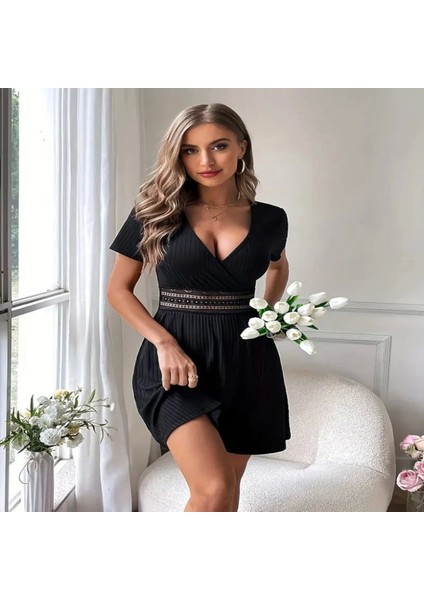 Kadın Kısa Kollu Kruvaze Yakalı Belden Dantelli Kaşkorse Elbise fırsatları