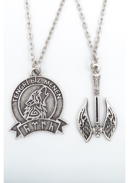 2'li Tengri Biz Menen - Bozkurt - Türk -Çift Taraflı Balta Gümüş Kaplama Kolye Seti