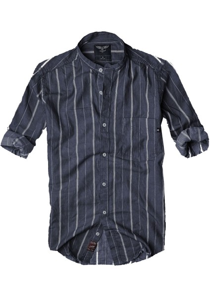 Slim Fit %100 Pamuk Kumaş Hakim Yaka Uzun Kol Gömlek--Koyulaci Çizgili--