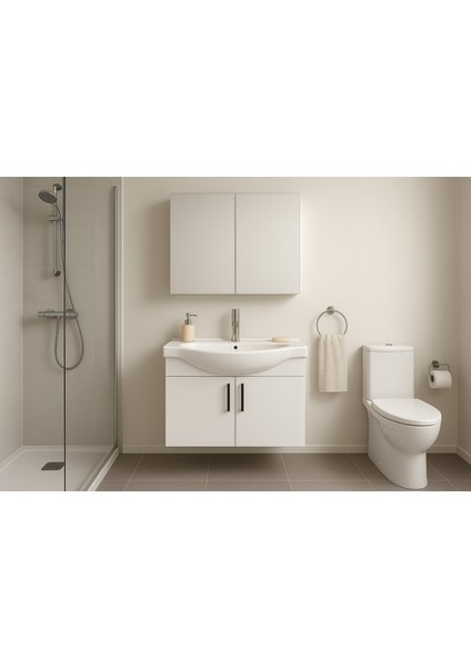 Nova 80 cm %100 Mdf Beyaz Renkli, Oval Seramik Lavabolu, Banyo Dolabı Takımı – Aynalı Üst Modül, Yavaş Kapanır Menteşe