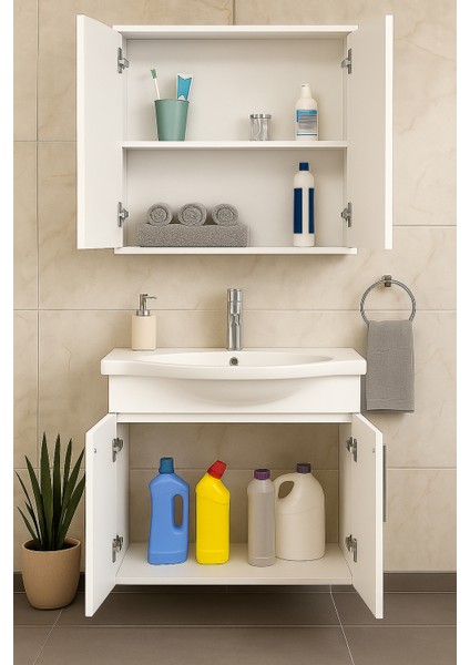 Nova 80 cm %100 Mdf Beyaz Renkli, Oval Seramik Lavabolu, Banyo Dolabı Takımı – Aynalı Üst Modül, Yavaş Kapanır Menteşe indirimleri