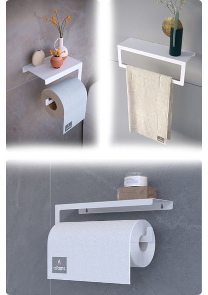 Modern Üçlü Set – Raflı Banyo, Mutfak, Tuvalet Kağıtlığı, Havlu Askılığı ve Rulo Kağıt Havlu Askılığı – Paslanmaz, Yüksek Taşıma Kapasiteli