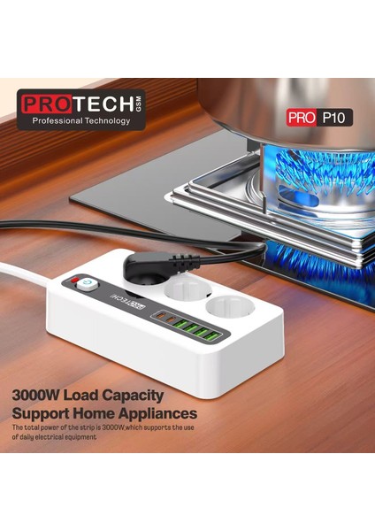 Pro P10 3x Priz 3000W Akım Korumalı 4x USB 2x Type-C Girişli Çoklu Priz