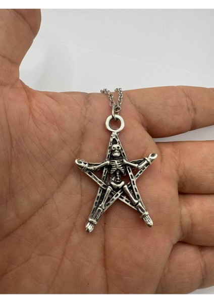 Konnichiwa Yıldızlı Iskelet Gothic Kolye | Yıldız Detaylı Metal Unisex Aksesuar – Metal Zincir
