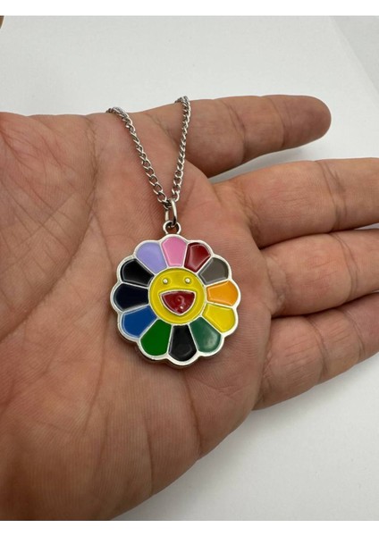 Gökkuşağı Papatya Desen Zincirli Kolye – Metal Renkli ve Zarif Takı