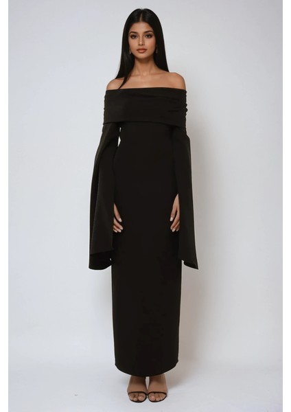 Kadın Özel Dikim Yırtmaçlı Omzu Açık Bodycone Maxi Elbise Black fiyatları