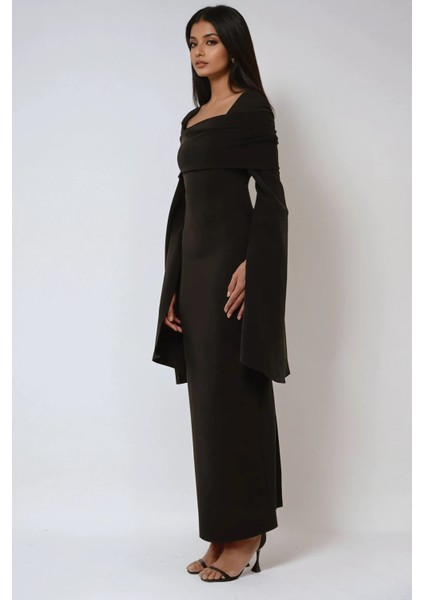 Kadın Özel Dikim Yırtmaçlı Omzu Açık Bodycone Maxi Elbise Black fırsatları