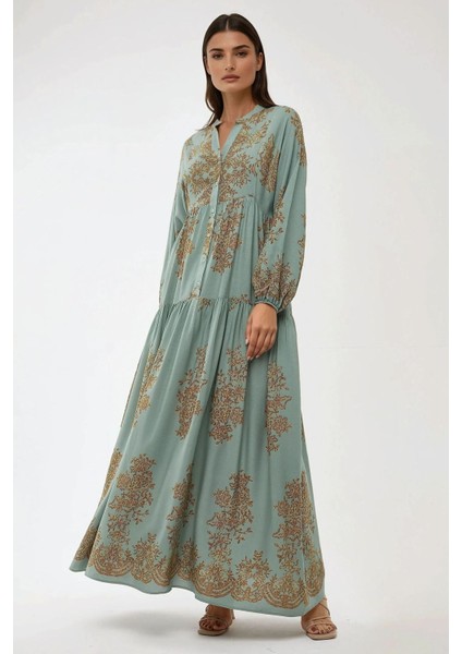 Kadın Gömlek Yaka Desenli Viskon Modest Elbise Green fiyatları