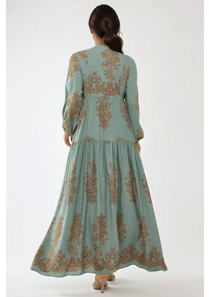 Kadın Gömlek Yaka Desenli Viskon Modest Elbise Green fırsatları