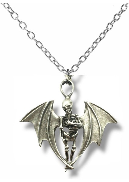 Gothic Kanatlı Iskelet Desen Unisex Kolye – Metal Zincirli, Gotik ve Karizmatik Tasarım