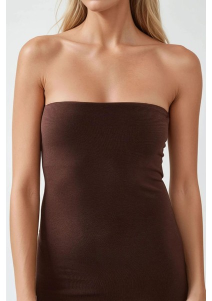 Kadın Straplez Asimetrik Bodycon Örme Elbise Brown modelleri