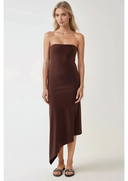 Kadın Straplez Asimetrik Bodycon Örme Elbise Brown fırsatları