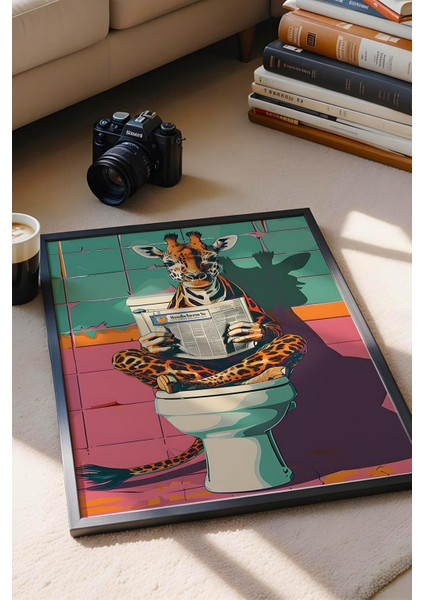 Tuvalette Gazete Okuyan Zürafa Çerçeveli Tablo - Pop Art Poster Tablo fiyatları