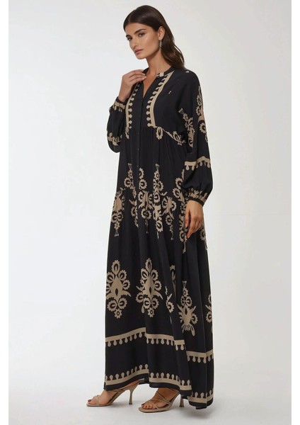 Kadın Baskılı Uzun Kol Viskon Modest Elbise Black fırsatları