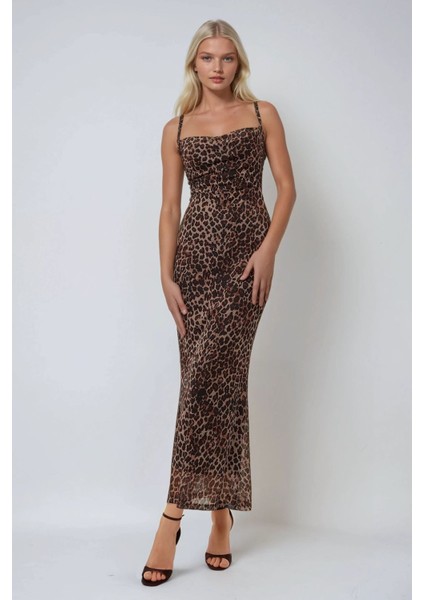 Kadın Desenli Askılı Bodycon Maxi Elbise Brown